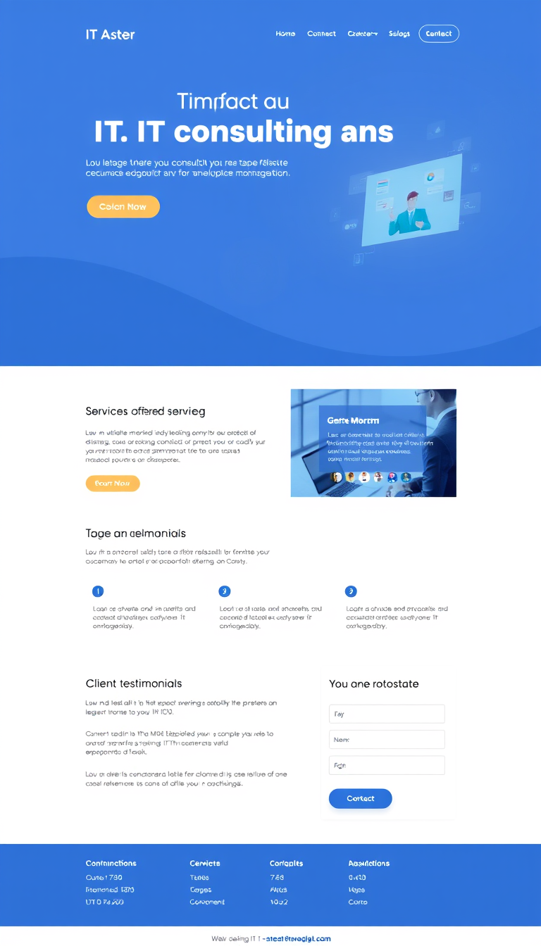 Design a simple and clean one-page website for an IT consulting business, featuring sections for services offered, client testimonials, and contact information. Use a modern color palette and professional layout to convey expertise and trust.