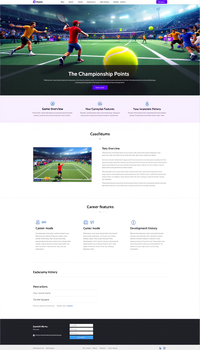 Design a modern, one-page website for "The Championship Points," a fictional tennis-themed video game. Highlight key sections like game overview, platforms, gameplay features, career mode, tour system, development history, and reception, all while ensuring a clean, responsive design with easy navigation, visual elements, and a collapsible menu for mobile devices.