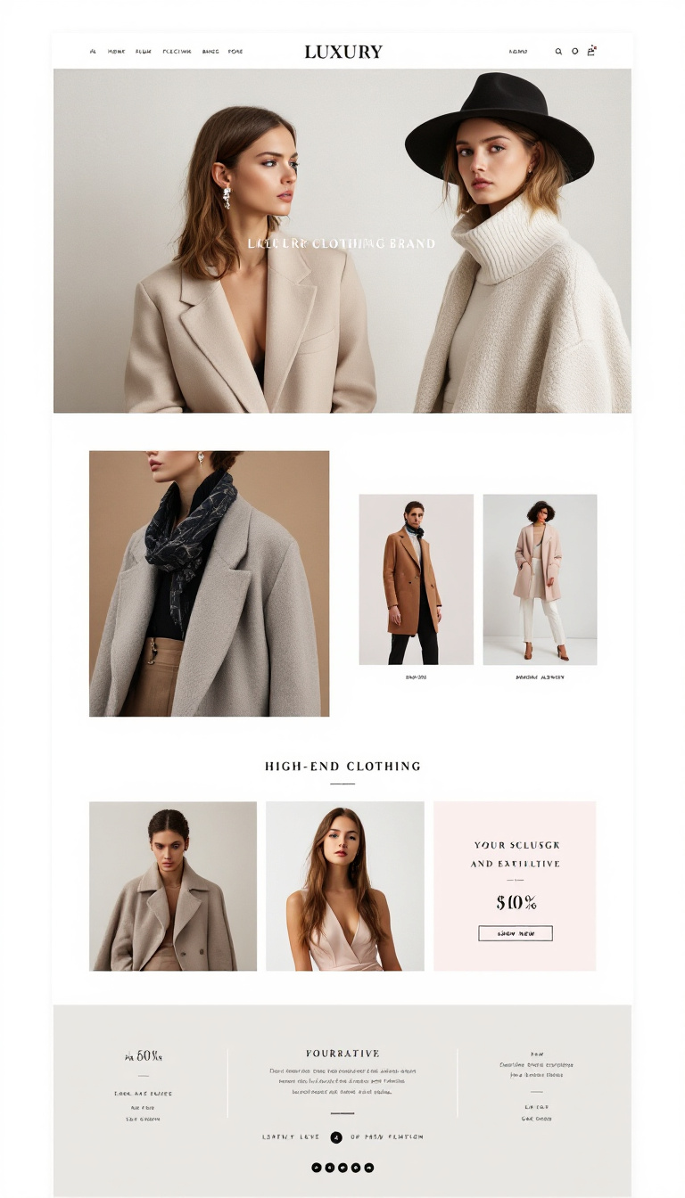 Create a simple and elegant one-page website for a luxury clothing brand, showcasing high-end fashion pieces and sophisticated design elements. Focus on a clean layout with a stylish color palette and minimalistic features that exude luxury.