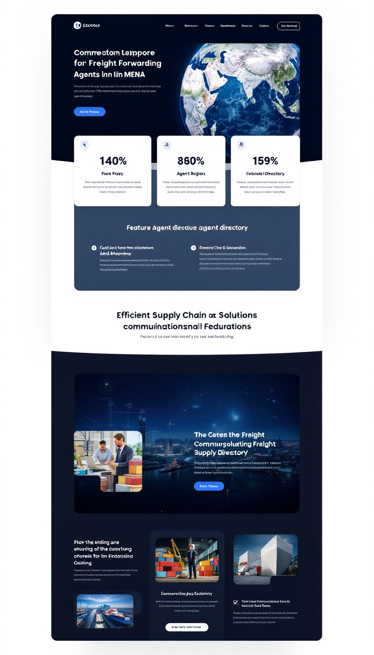 Create a modern one-page website for freight forwarding agents in the MENA region, emphasizing a professional design. Feature a prominent agent directory and highlight the importance of efficient supply chain solutions to facilitate networking.