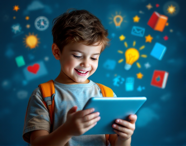 A happy kid using a tablet with educational icons around them like lightbulbs and books