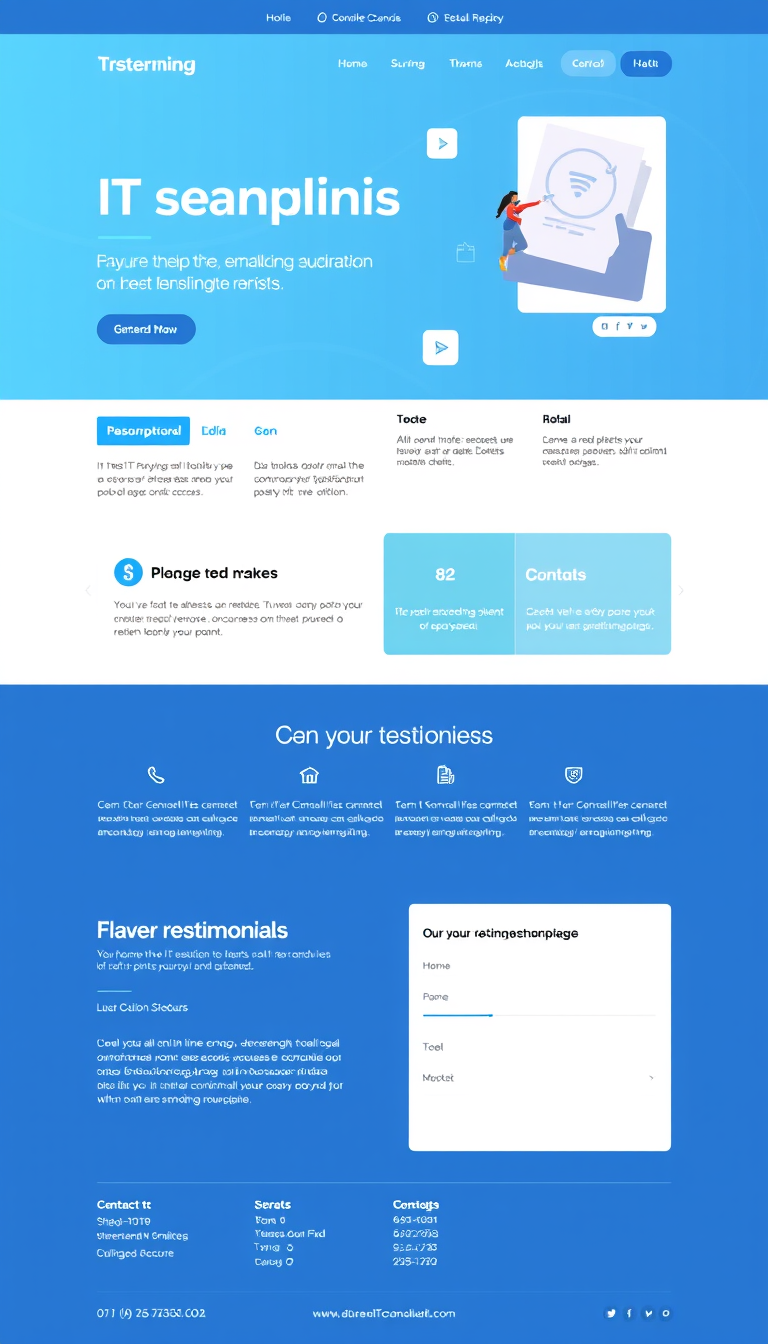 Design a simple and clean one-page website for an IT consulting business, featuring services offered, client testimonials, and contact information. The layout should be modern and professional, emphasizing technology and reliability.