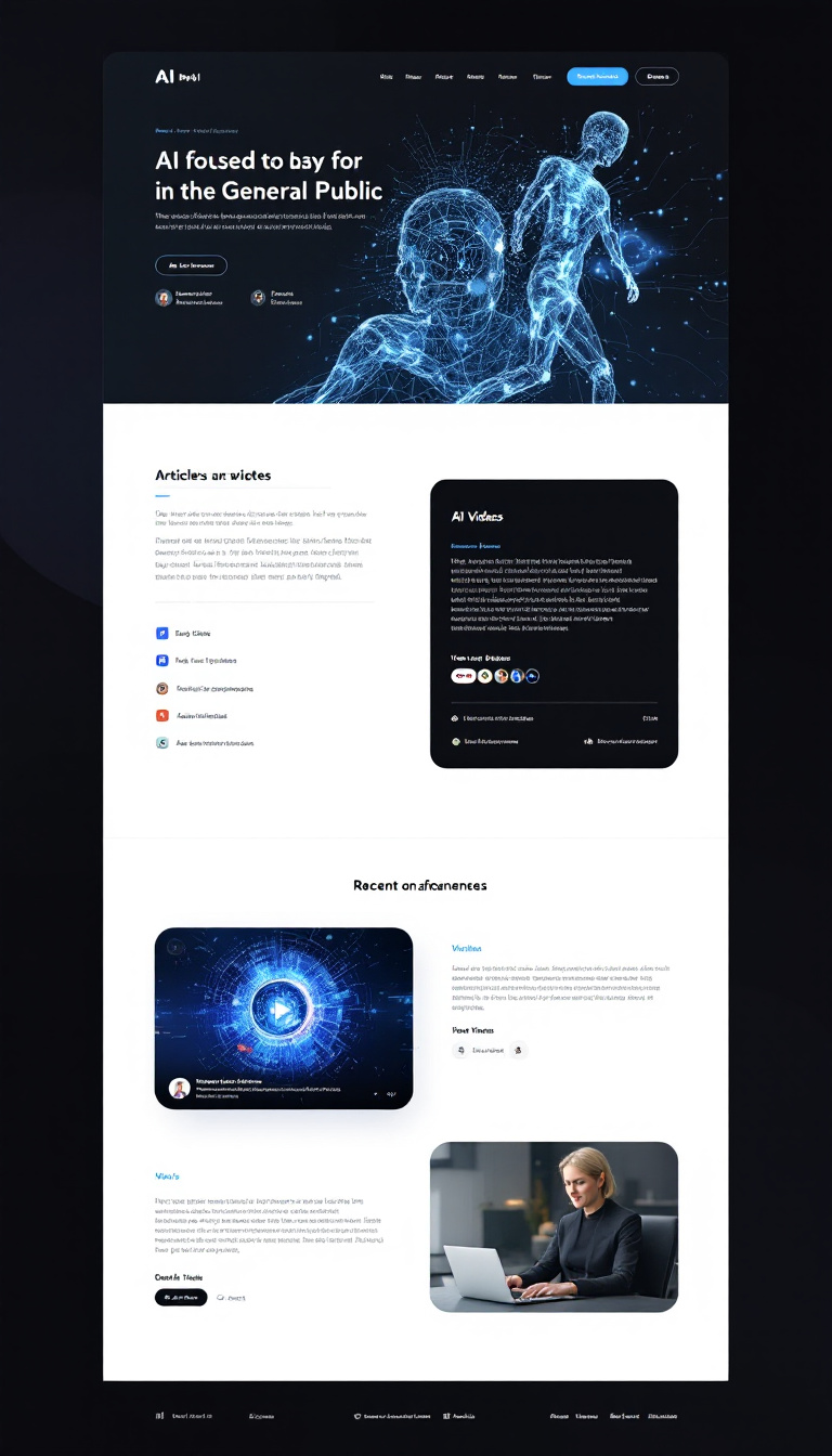 Design a clean one-page website focused on AI for the general public, featuring sections for articles, news updates, and videos on recent advancements, all presented in a modern layout.