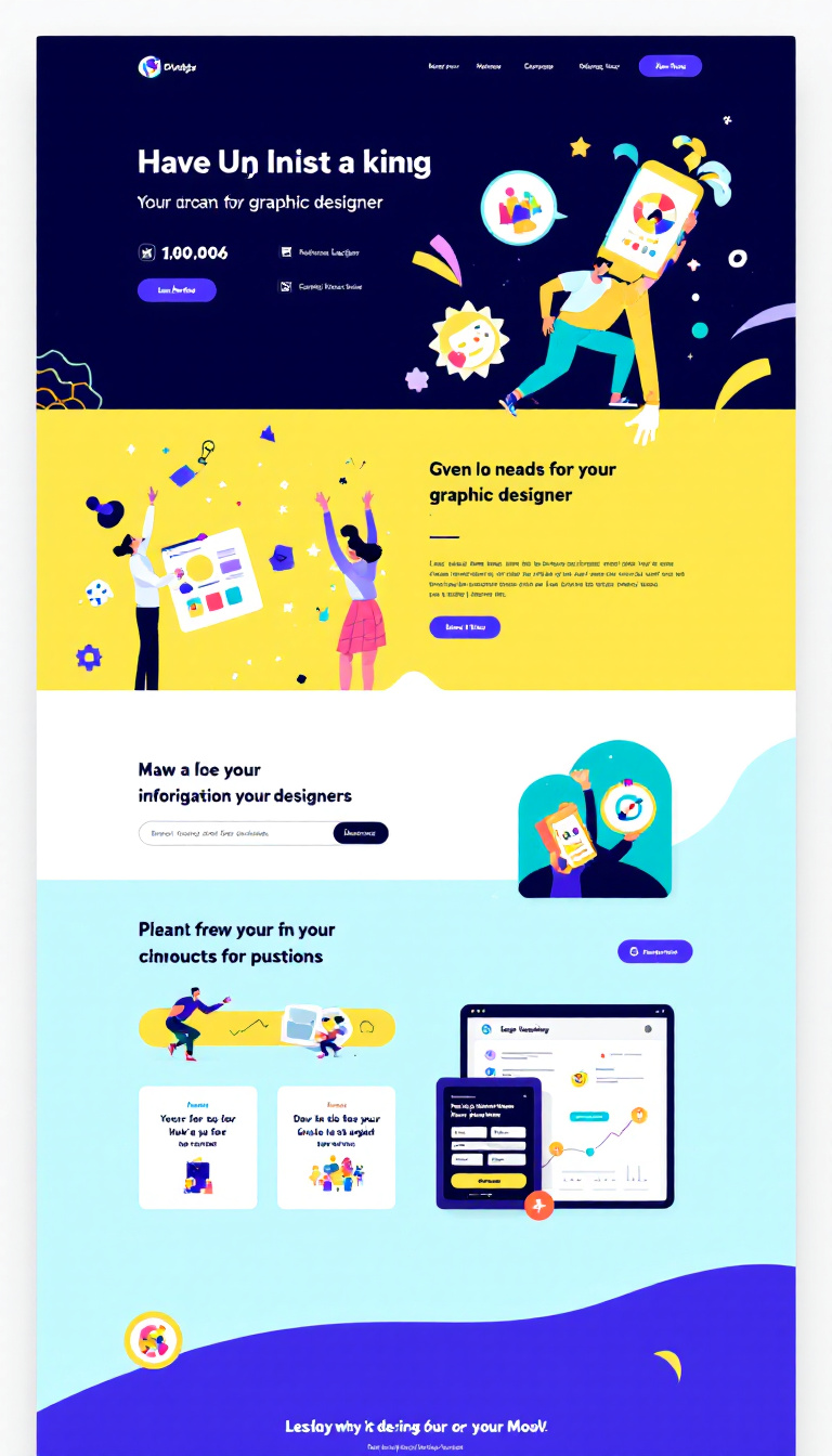 Design a dynamic and innovative landing page for a graphic designer that is fun and engaging, featuring vibrant visuals and an interactive layout.