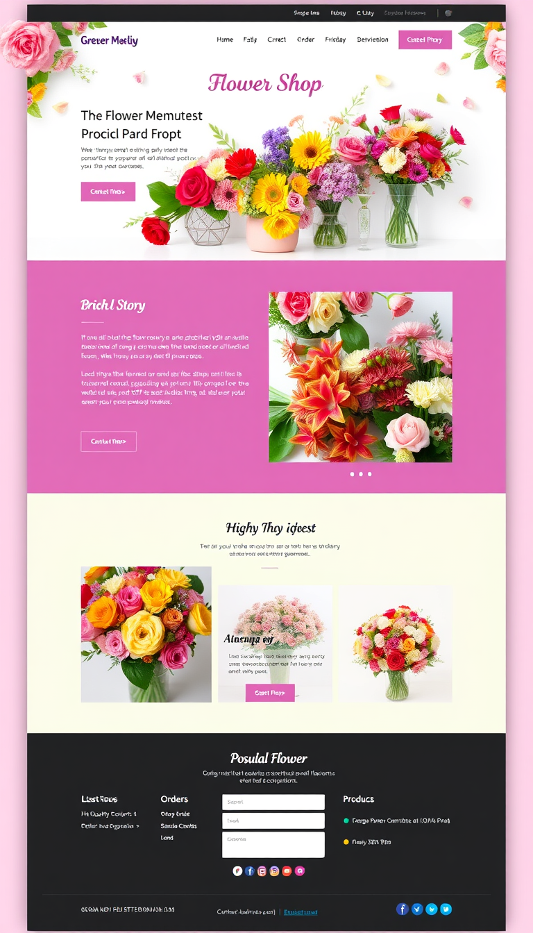 Design a vibrant single-page website for a flower shop that features a captivating homepage with various flower arrangements, an engaging header showcasing the shop's name and logo, and high-quality images of popular bouquets. Include a brief story about the shop, an easy-to-navigate menu, contact information, a call-to-action button for orders, social media links, and ensure it's responsive for both mobile and desktop users.