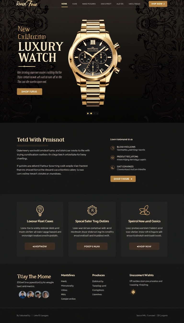 Create a one-page landing website featuring a luxurious dark background with intricate patterns for a 'New Collection Luxury Watch.' Include sections for a bold title and description, a centered image of the watch with features, product specifications, customer testimonials, and a prominent 'Shop Now' button, all in a refined gold and black color scheme.