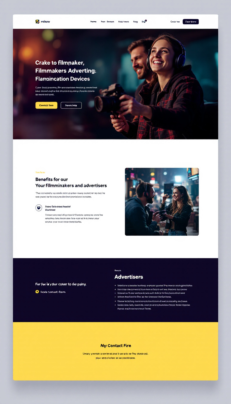 Create a clean one-page website wireframe for a platform that connects filmmakers and advertisers. The layout should feature an engaging homepage with sections for a navigation bar, a hero section with a call-to-action, information about the benefits for users, and a simple contact form. Include a visually appealing design that highlights key functionalities for both filmmakers and advertisers.