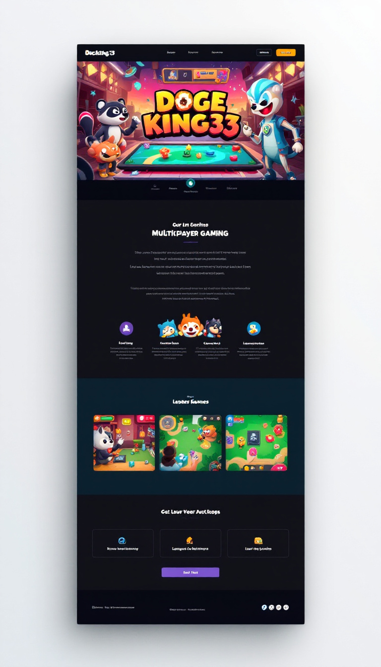 Design a modern one-page multiplayer gaming website titled "Dogeking33" targeted at teens and young adults. The site should feature a vibrant and interactive theme, focusing solely on providing an engaging gaming experience without extra features like leaderboards or chat rooms.