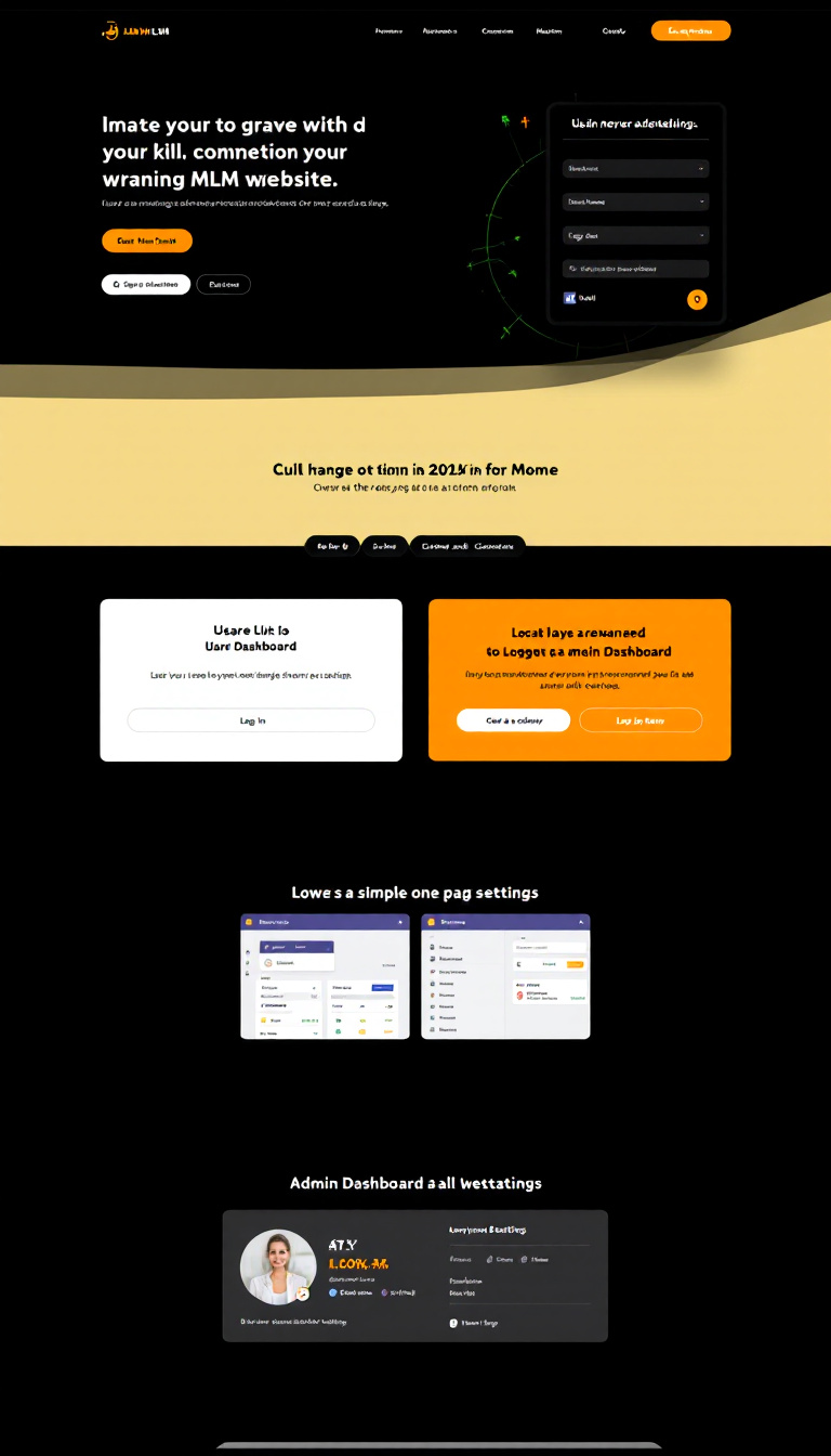 Create a simple one-page MLM website featuring a user dashboard with login and logout functionality, along with an admin dashboard for managing all settings. The design should be clean and user-friendly.