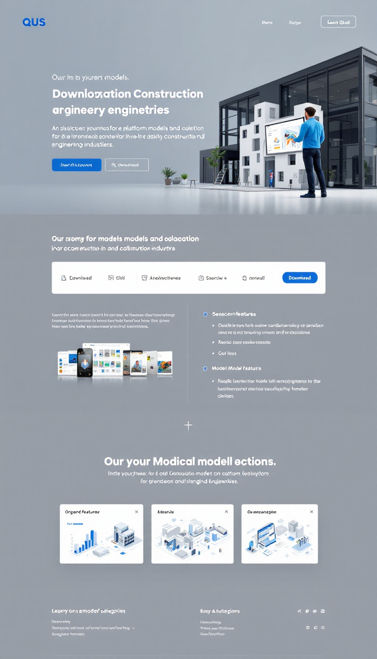 Design a clean and modern one-page website for QUS, a platform for downloading models and collaboration in the construction and engineering industries. Include user account features, easy navigation with search functionality, organized model categories, and download options, using a blue and gray color scheme.