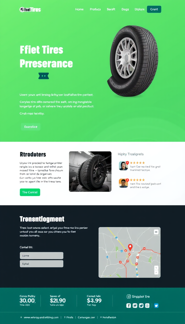 Create a single-page microsite for my tire business with the following components:
- A captivating header with the business name and logo.
- A brief introductory section explaining what we offer and our unique selling points.
- A detailed product showcase with images and descriptions of different tire types available for sale.
- Customer testimonials or reviews to build trust.
- A clear call-to-action button for purchasing or contacting us.
- Contact information including phone number, email, and physical address.
- An embedded map for location visibility.
- Social media links for customers to connect with us.
Ensure the design is visually appealing and mobile-friendly.