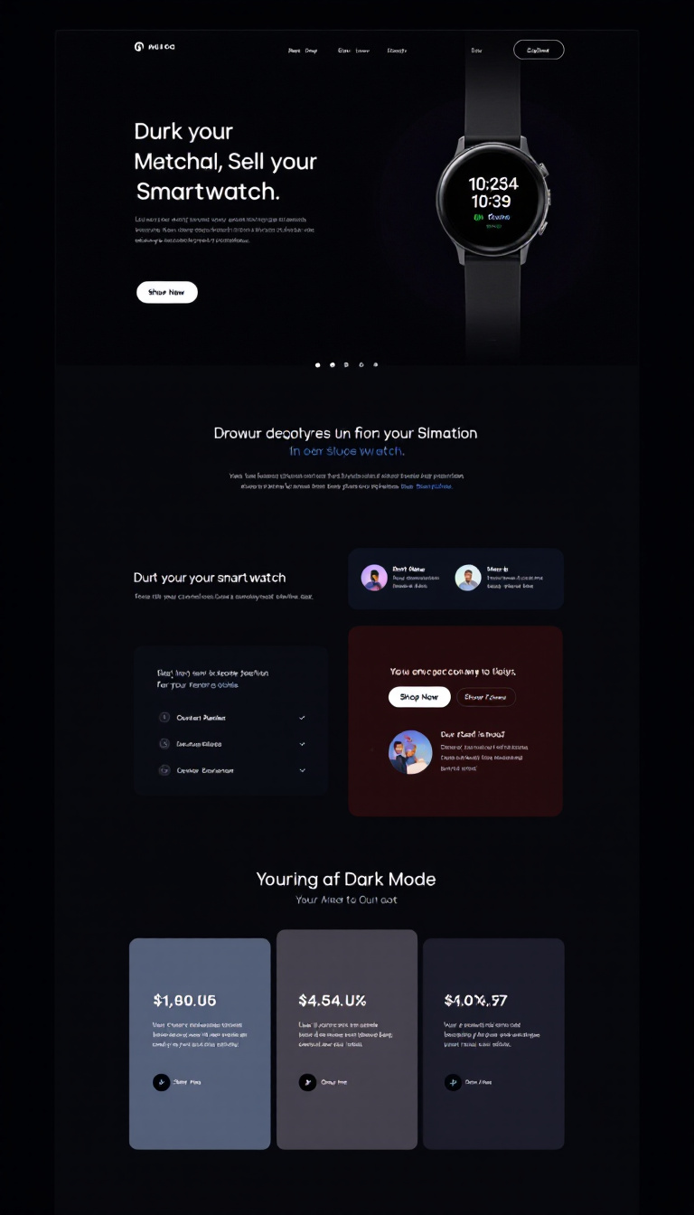 Design a modern one-page landing website to sell a smartwatch, featuring a Dark Mode color scheme. Include a prominent "Shop Now" button to encourage purchases.