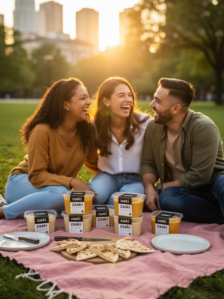 Candid lifestyle photography of three diverse friends laughing at an outdoor city picnic. A spread of Zaaki hummus containers and fresh pita on a colorful Rosewater linen cloth. Golden hour backlight, warm and inviting atmosphere. Focused on authentic connection. --ar 16:9