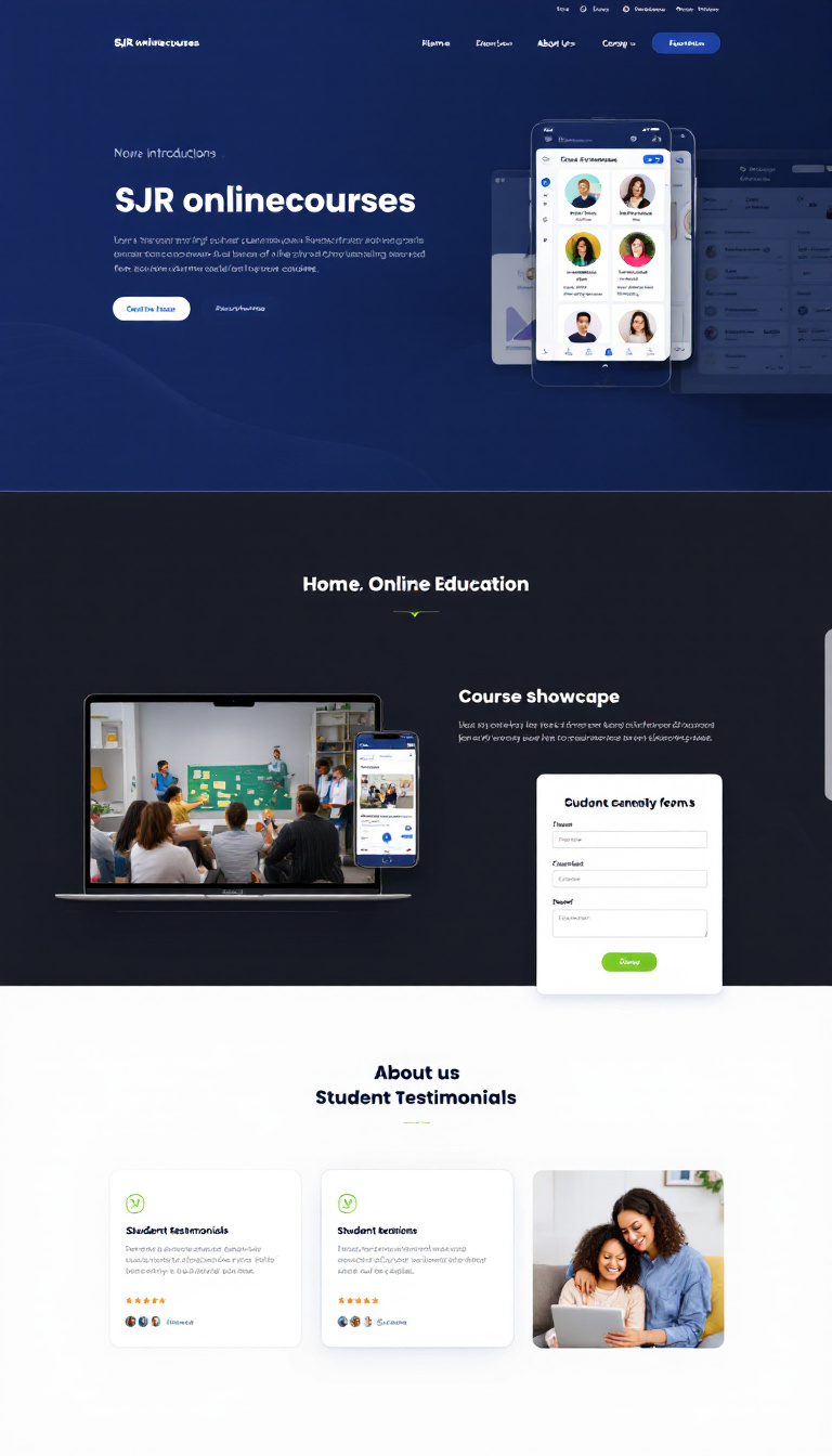 Create a clean, modern one-page website for "SJRonlinecourses" focused on online education. It should include a home introduction, course showcase, about us section, contact form, and student testimonials, all in a blue, white, and gray color scheme. Ensure it's mobile-responsive and SEO-optimized for visibility.
