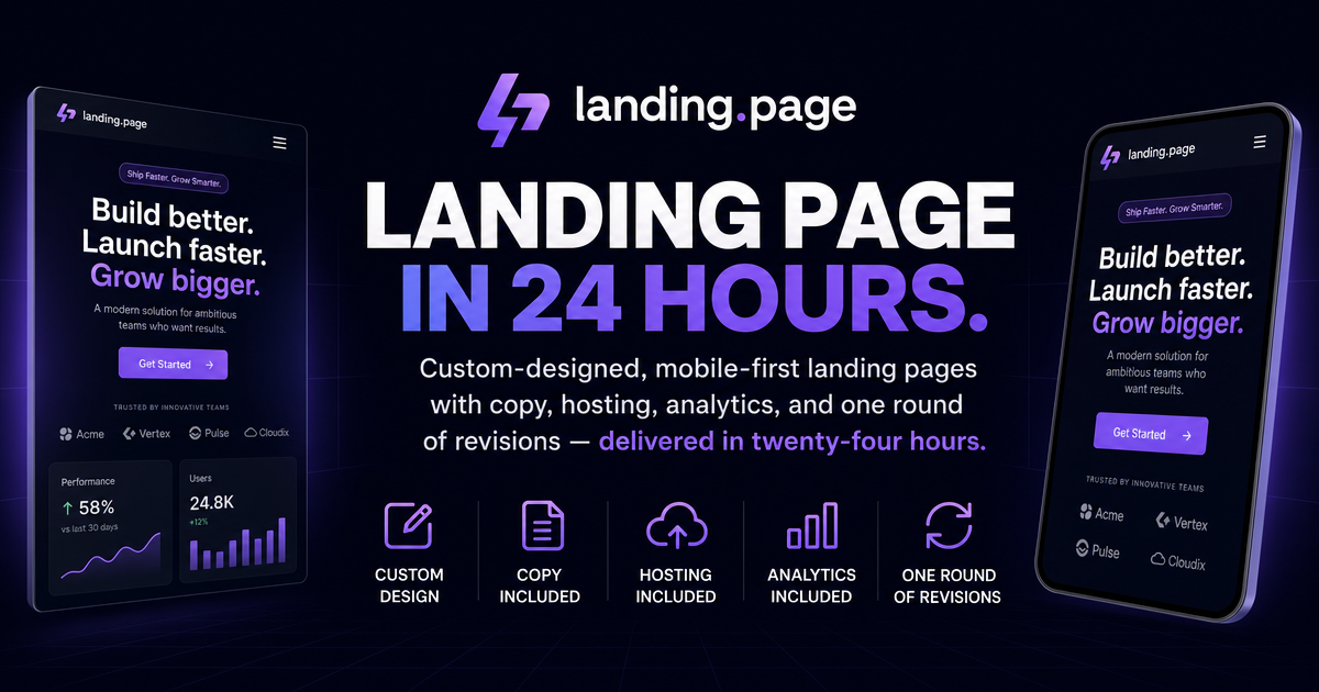 createlanding.page - Landing page in 24 hours. Custom-designed, mobile-first landing pages with copy, hosting, analytics, and one round of revisions — delivered in twenty-four hours