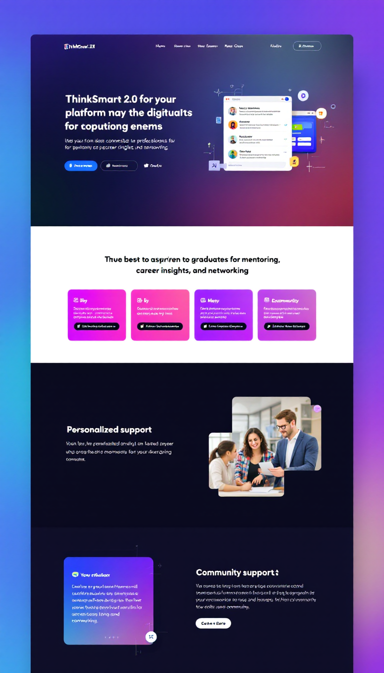 Create a clean, one-page website for ThinkSmart 2.0, a platform that connects aspiring graduates with professionals for mentoring, career insights, and networking. Emphasize features like personalized support and community engagement.
