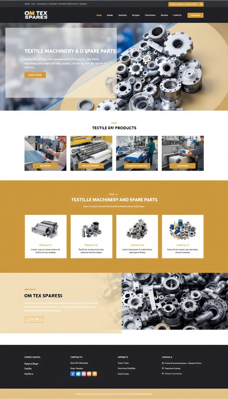 Design a professional one-page website for OM TEX SPARES, showcasing their textile machinery and spare parts. The site should feature a user-friendly layout with clear sections for products, services, and contact information, all aligned with the brand's identity through a cohesive color scheme and prominent logo display.