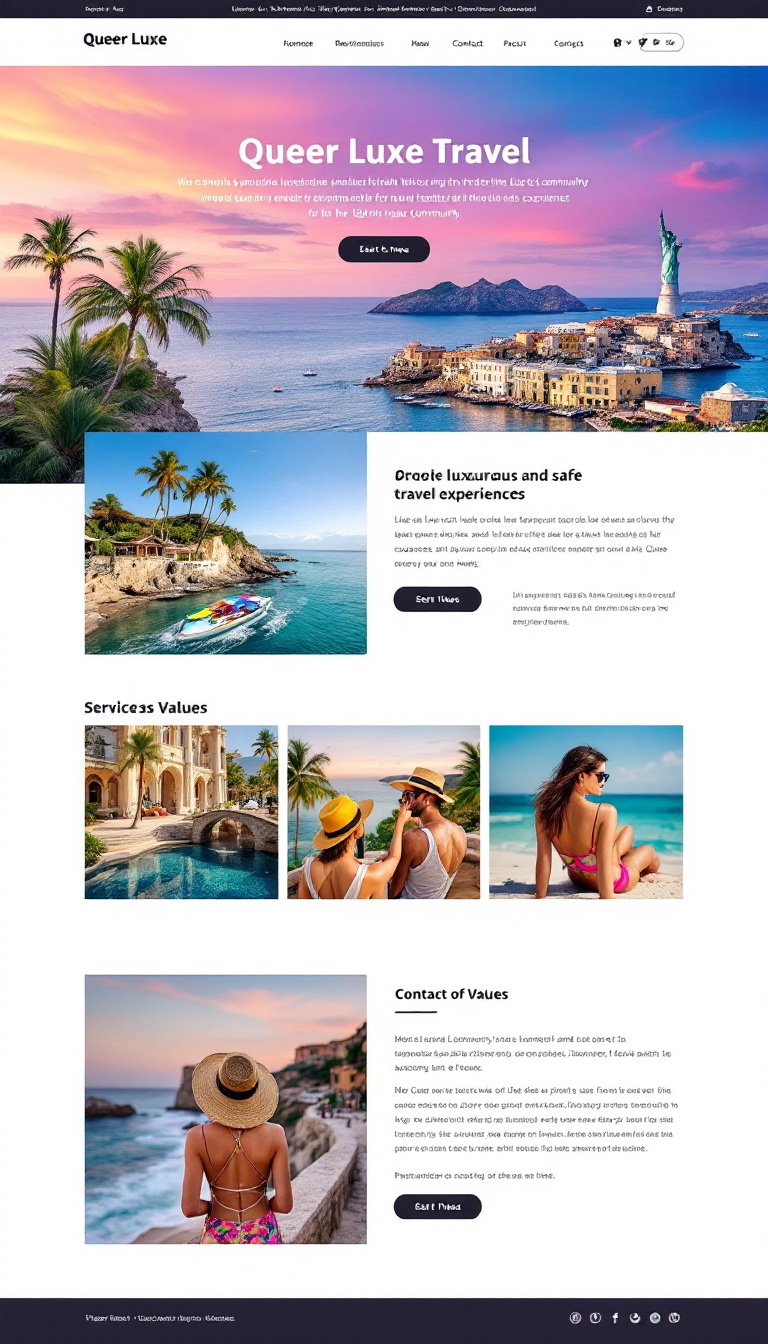 Create a clean, one-page website for Queer Luxe Travel that highlights its mission to provide luxurious and safe travel experiences for the LGBTQ+ community. Include sections on services, values, and contact information with a focus on inclusivity, safety, and unique experiences.