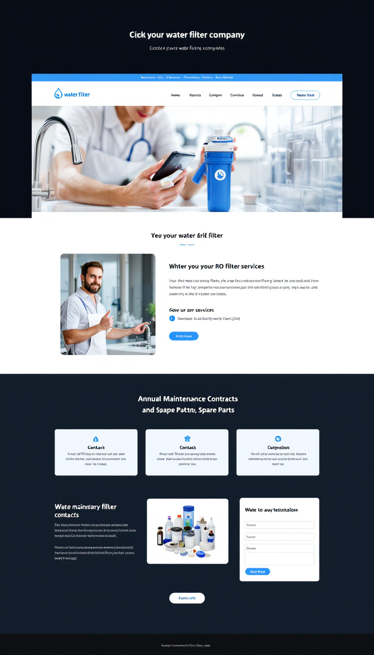 Create a simple and clean one-page website for a water filter services company, featuring water filter sales, RO system servicing, annual maintenance contracts, and spare parts. Include clear sections for services, contact information, and testimonials.