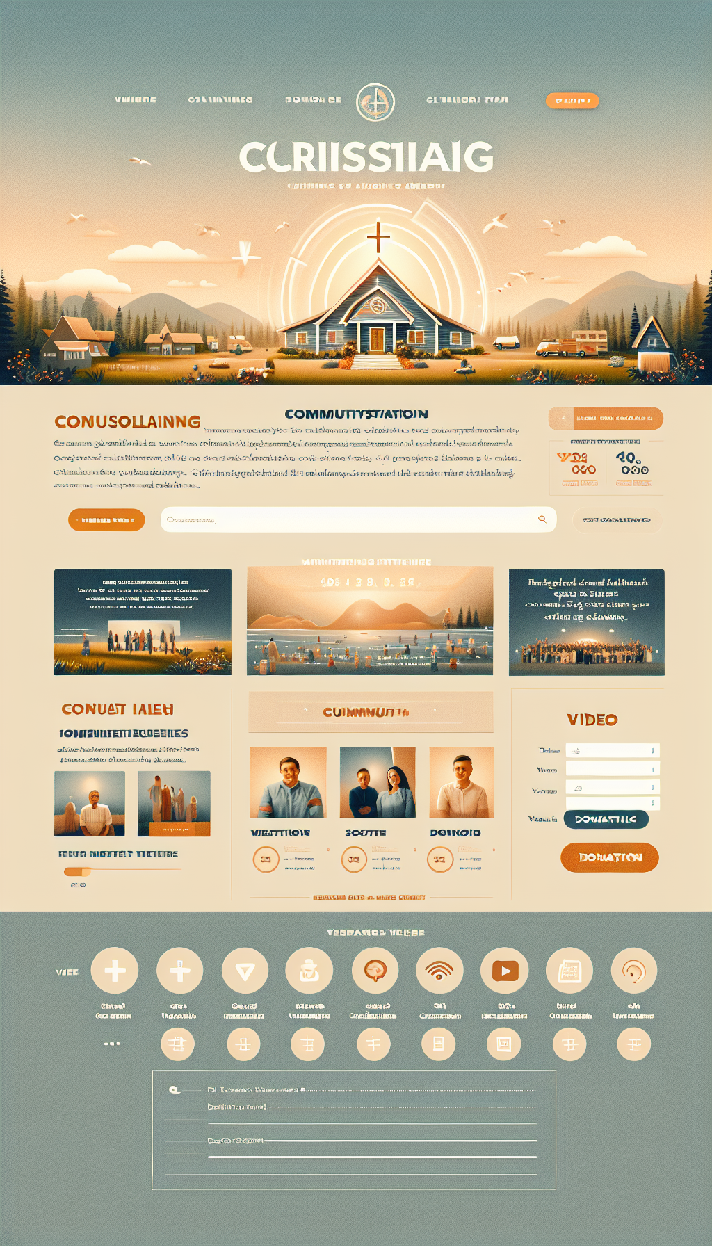 A website layout featuring a Christian consulting theme, with sections for a hero image, visitor form, mission statement, video section, image gallery, donation information, social media links, and a visit counter. Include a header with navigation links and a footer. The main colors are soft and inviting, suitable for a spiritual and community-focused site.