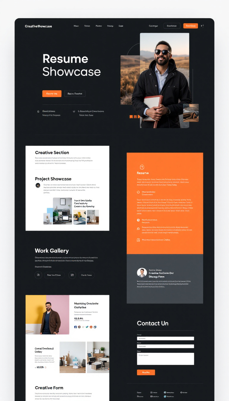 Create a modern one-page portfolio website called 'CreativeShowcase' for potential employers. It should feature a resume section, project showcase, work gallery, and a contact form, all designed with clean lines and smooth navigation.