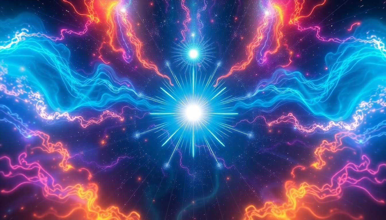 cosmic scene with vibrant energy streams emanating from a central light source, representing the vibrational nature of existence in vajrayana philosophy