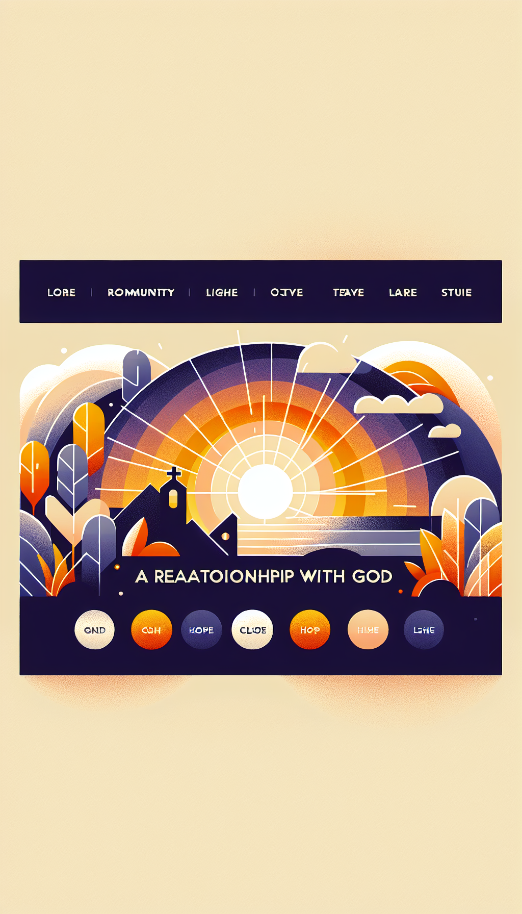 Un diseño de sitio web que representa una relación de fe con Dios, mostrando elementos como luz, esperanza, comunidad, y espiritualidad, en un estilo moderno y acogedor.