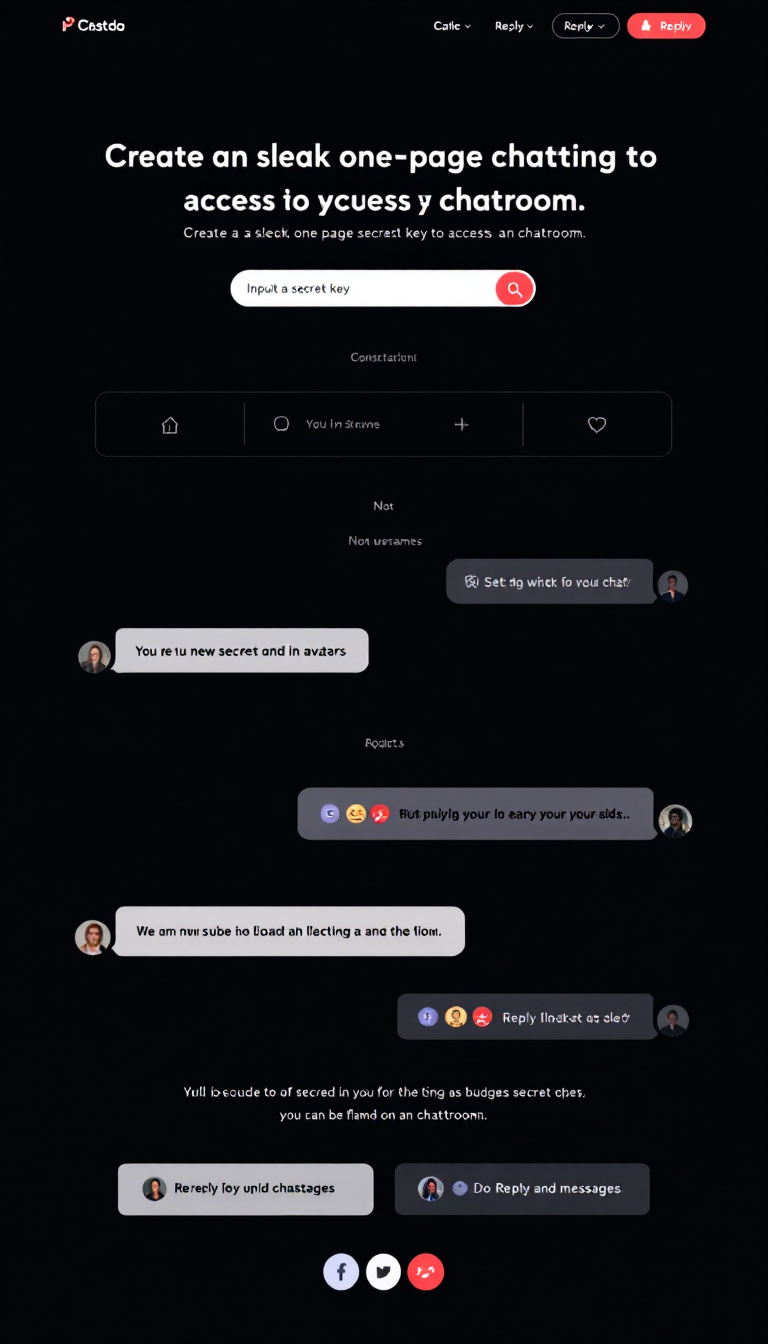 Create a sleek one-page chatting website where users can input a secret key to access a chatroom. The design should feature a customizable navbar for setting usernames and avatars, distinct floating chat bubbles for conversations, and options for replying and reacting to messages within a modern, user-friendly interface.