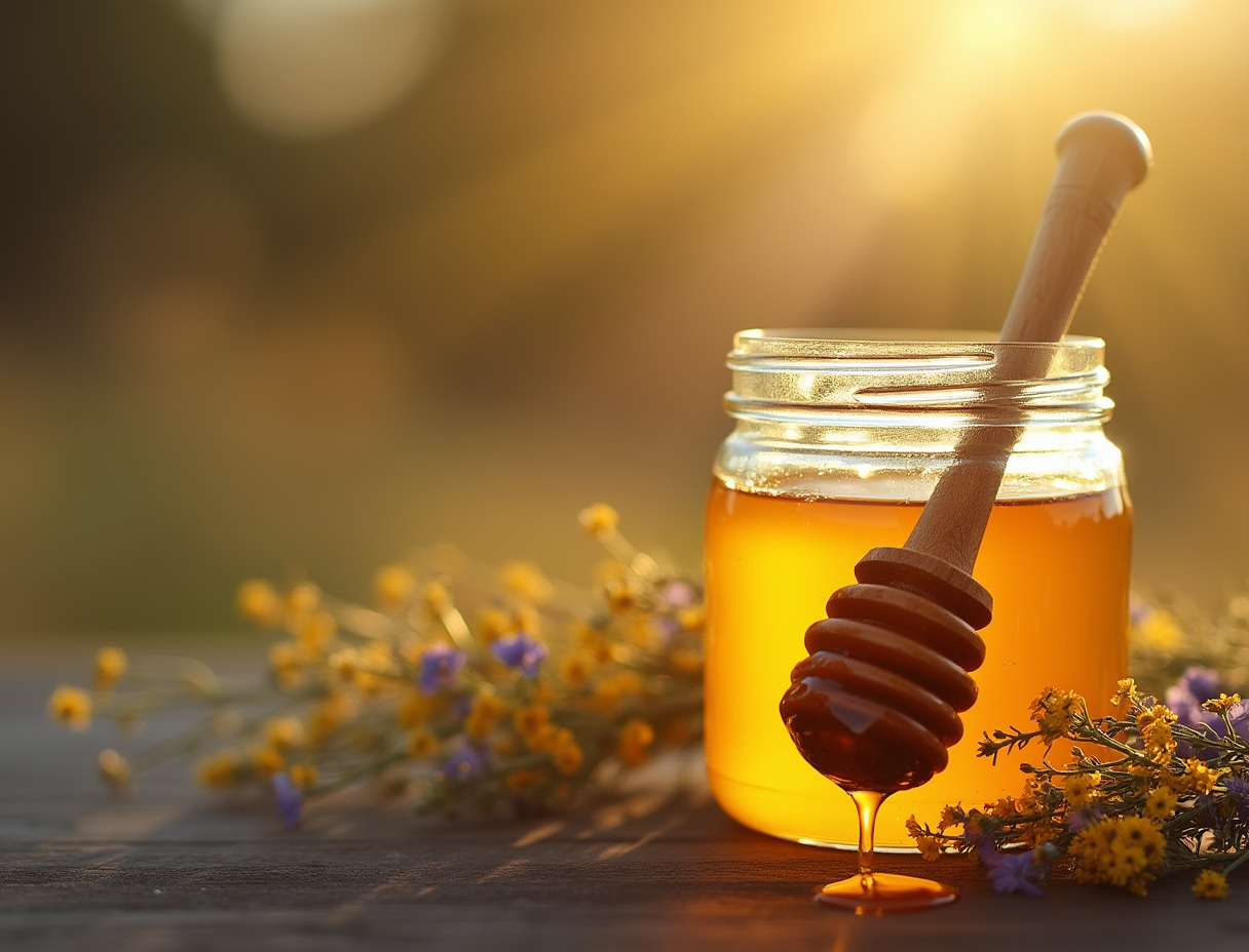 A warm, inviting hero image of a glass jar of raw local honey with a wooden honey dipper and wildflowers for Golden Grove Honey shop homepage