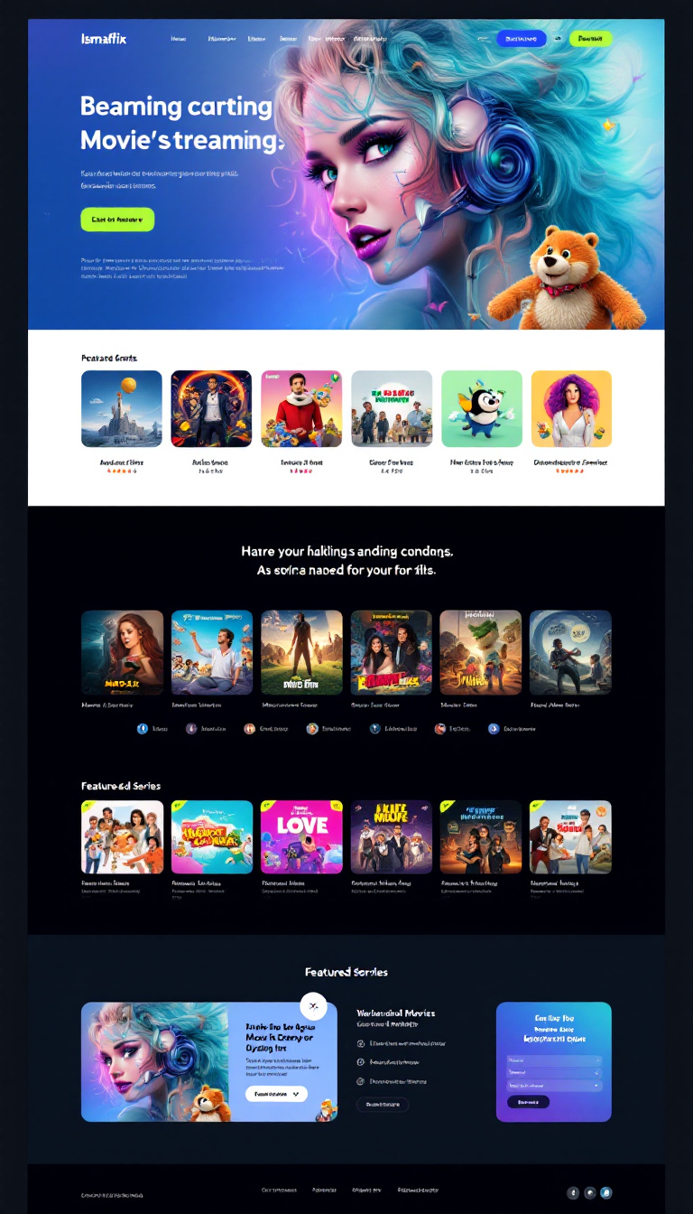Design a sleek one-page website for a streaming platform called Ismaflix, featuring an intuitive layout for browsing movies and series, along with vibrant visuals and a modern aesthetic. Include sections for featured content, user reviews, and subscription details.