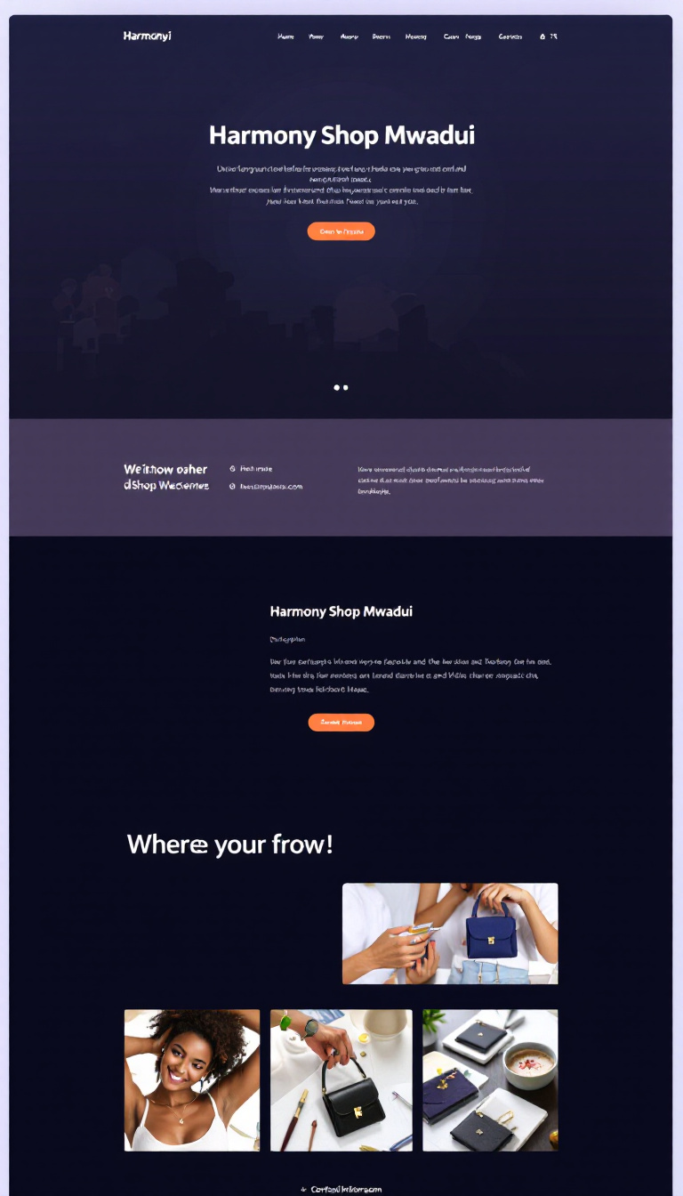 Design a simple and clean one-page website for "Harmony Shop Mwadui," featuring an inviting layout with the shop's name, a brief description, product images, and contact information.