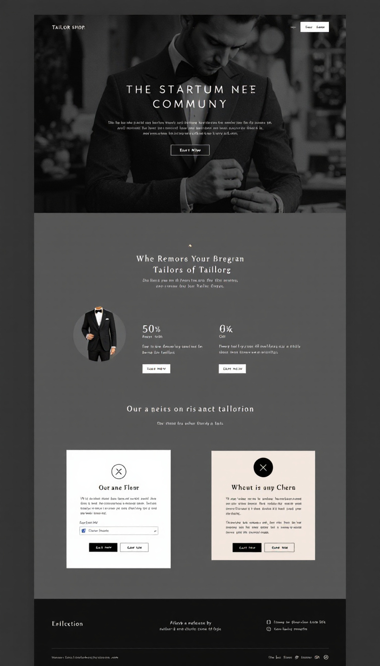 Create a clean and simple one-page landing website for a tailor shop, featuring elegant design elements that highlight the craftsmanship of tailoring. Include Instagram reference tags for social media integration and showcasing work.
