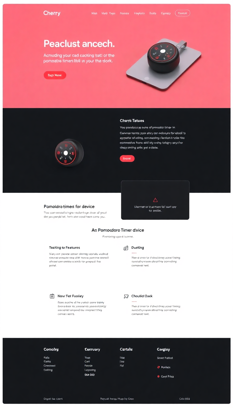 Generate a simple one-page website for a Pomodoro timer device called "Cherry," priced at $20, featuring a sleek design and clear product information. Include sections for product features, pricing, and a call-to-action for purchasing.