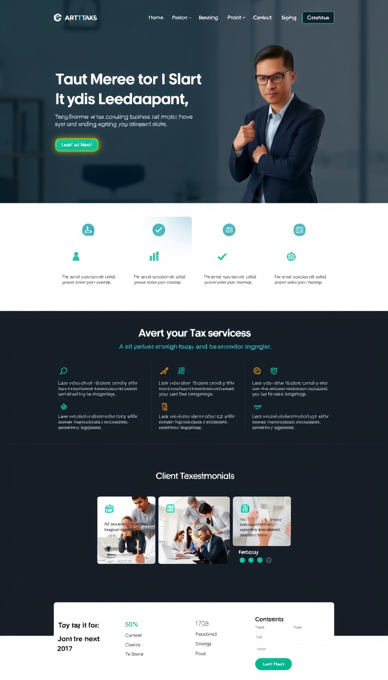 Design a professional website for a tax consultancy business, featuring a clean layout, easy navigation, and sections for services, client testimonials, and contact information. Incorporate a modern color scheme and graphics that convey trust and expertise in tax services.