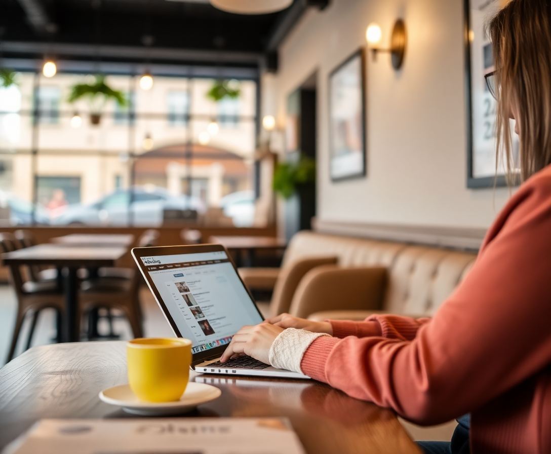 person working on a laptop in a cozy cafe setting, representing a miniblog user creating content