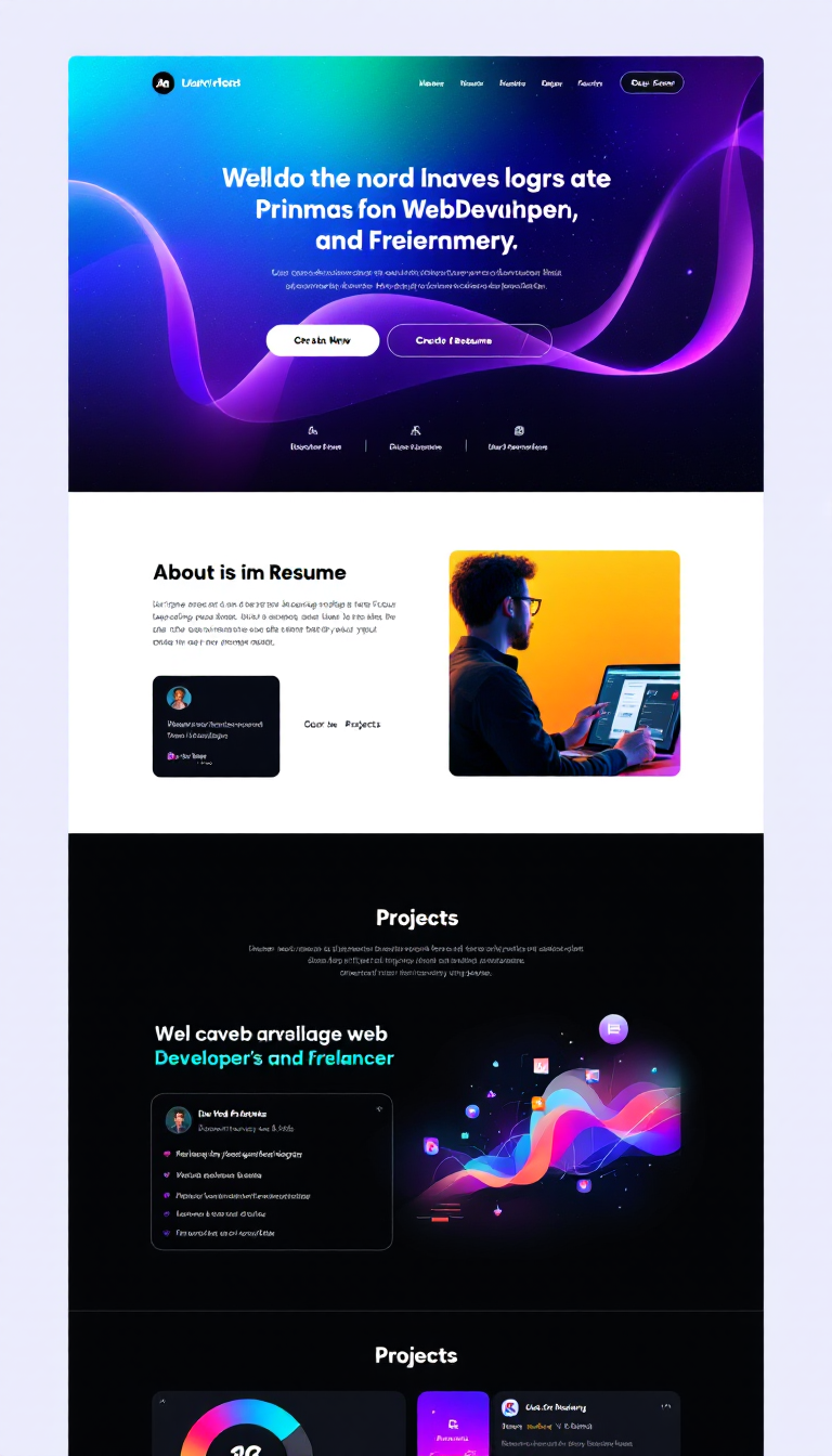Create a responsive one-page landing site for a web developer and freelancer, featuring an animated background, neon-colored text, an "About" section with a resume, and a "Projects" showcase.