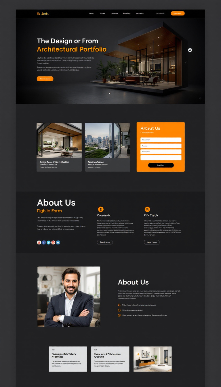 Design a modern, one-page architectural portfolio website called 'itsjeetu.com'. Include a gallery for photos and videos, a testimonials slider, a contact form, and social media links in the footer. Feature an 'About Us' section with the architect's image and use flip cards for extra information, all presented in a clean and creative layout.