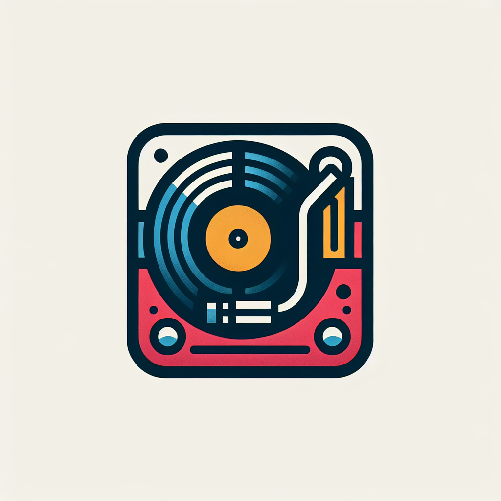 A logo of a vintage audio pickup for vinyls, outline, flat, vector, colorful, modern, white background
