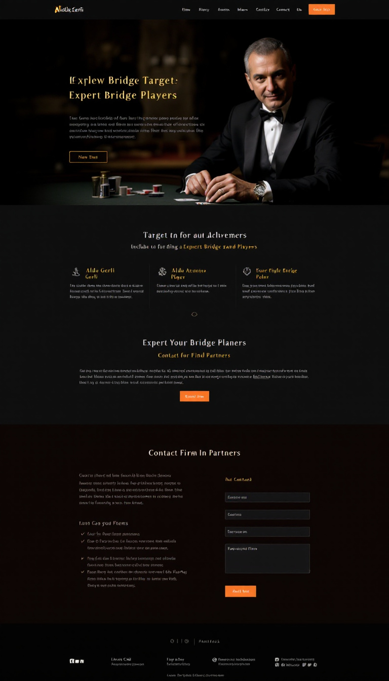 Design a one-page website for Aldo Gerli, targeting expert bridge players. Include sections for Aldo's achievements, a contact form for finding partners, and use a stylish, elegant color scheme to create a clean and appealing layout.