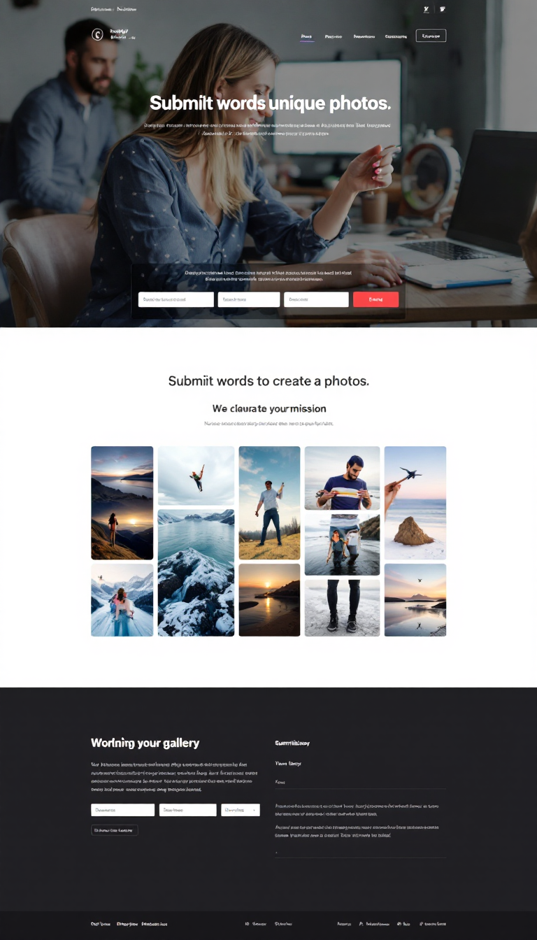 Design a one-page website where users can submit words to create unique photos, showcasing a gallery of these images. The layout should be clean and user-friendly, emphasizing submissions and displaying the gallery.
