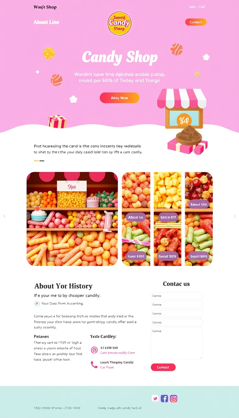 Create a single-page microsite for my candy shop with the following features:
1. **Header Section**
- Business name prominently displayed
- Catchy tagline that reflects the theme of the candy shop
2. **About Us Section**
- Brief description of the candy shop's history and mission
3. **Products Section**
- Showcase of popular candies with appealing images and short descriptions
- Include pricing information
4. **Contact Information Section**
- Address, phone number, and email
- A contact form for inquiries
5. **Social Media Links**
- Icons linked to our social media profiles
6. **Design Elements**
- Colorful and playful design that aligns with the candy theme
- Mobile-responsive layout
Ensure the site is user-friendly and visually appealing.