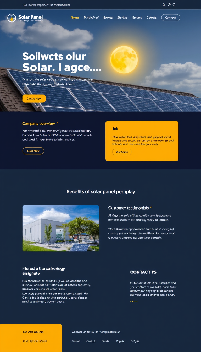 Design a visually appealing single-page website for a solar panel installation company in Turku, Finland. The site should feature sections on company overview, services offered, benefits of solar energy, customer testimonials, and contact information, all optimized for mobile devices.