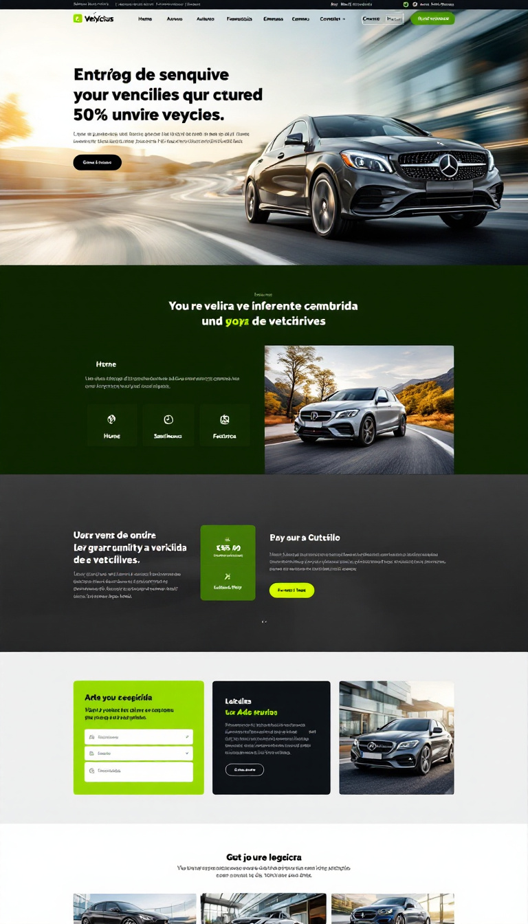 Crie um site para entrega de veículos com um design limpo e moderno, incluindo um menu superior fixo com seções como Home, Seminovos, Avaliação, Financiamento, Empresa, Contato e Favoritos. Utilize uma paleta de cores verde vibrante e preto, e adicione um slogan atrativo, imagens de veículos, um catálogo interativo e um formulário para agendamento de test drives.