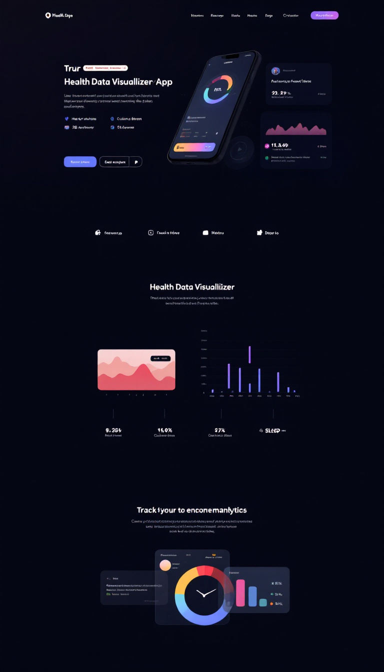 Create a simple one-page website for a health analytics app called "Health Data Visualizer." The site should showcase features like tracking heart rate, calories burned, and sleep patterns with data visualizations such as graphs and charts to emphasize health trends.