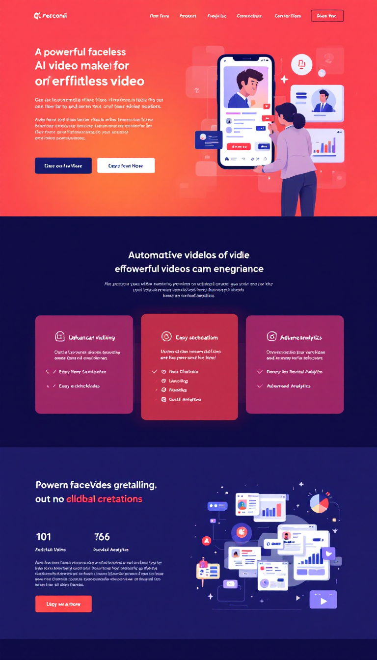 Create an intuitive one-page website showcasing a powerful faceless AI video maker for effortless video creation. Highlight features such as automated video series generation, customization options, easy scheduling, and integration with social media platforms. Use visuals that illustrate the seamless process and advanced analytics for tracking performance.