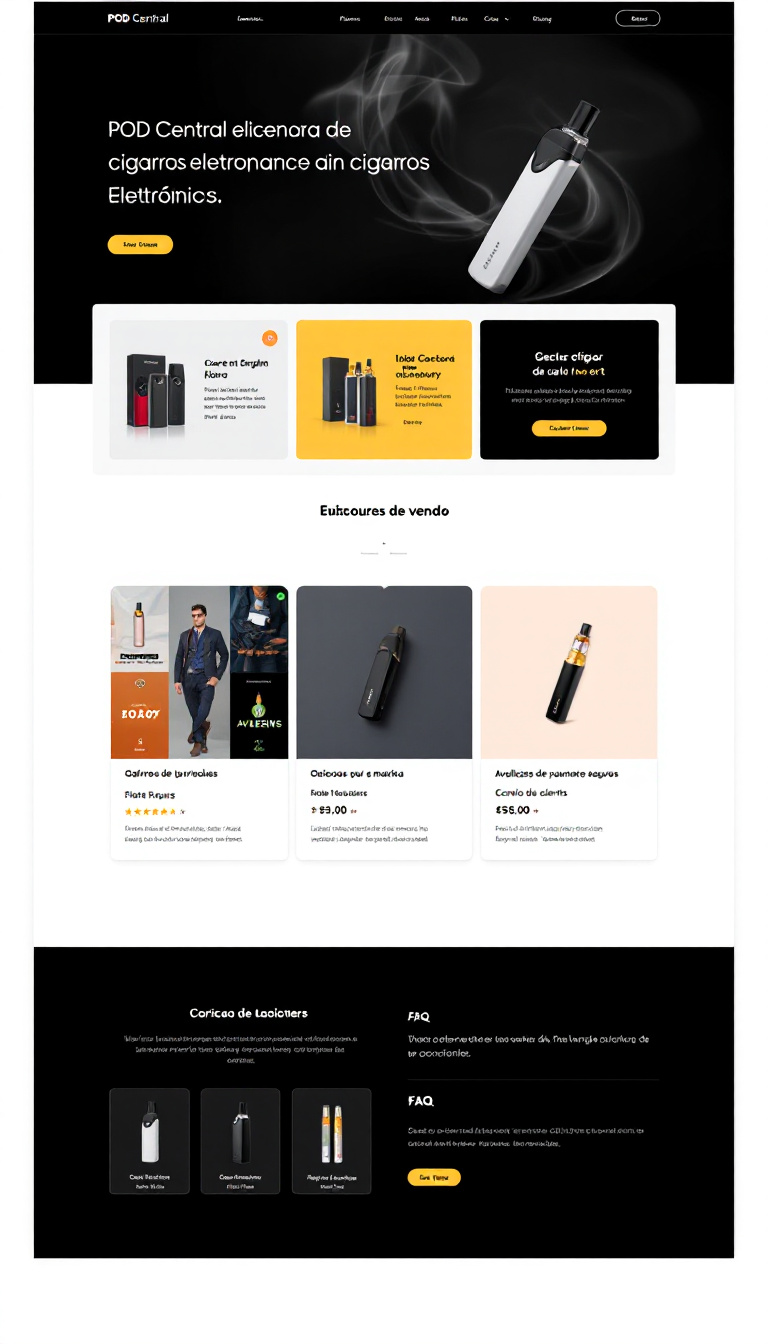 Desenvolver um site de vendas de cigarros eletrônicos chamado POD Central, com design moderno e minimalista em cores neutras. O site deve incluir uma galeria de produtos com filtros por sabores e marcas, carrinho de compras, opções de pagamento seguras, avaliações de clientes e seção de perguntas frequentes (FAQ).