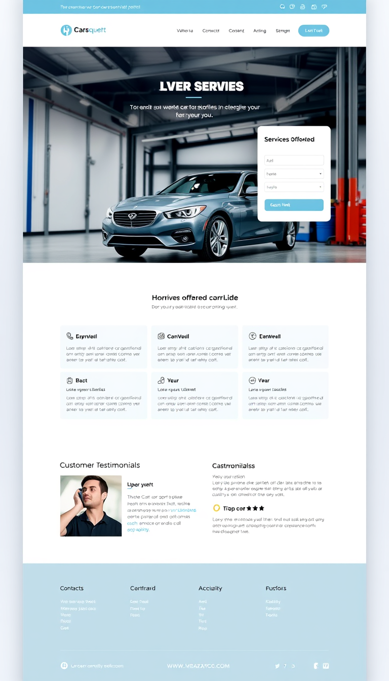 Design a simple one-page website for a car service shop, featuring a clean layout with sections for services offered, contact information, and customer testimonials. Use a modern color scheme and easy-to-read fonts for clarity.
