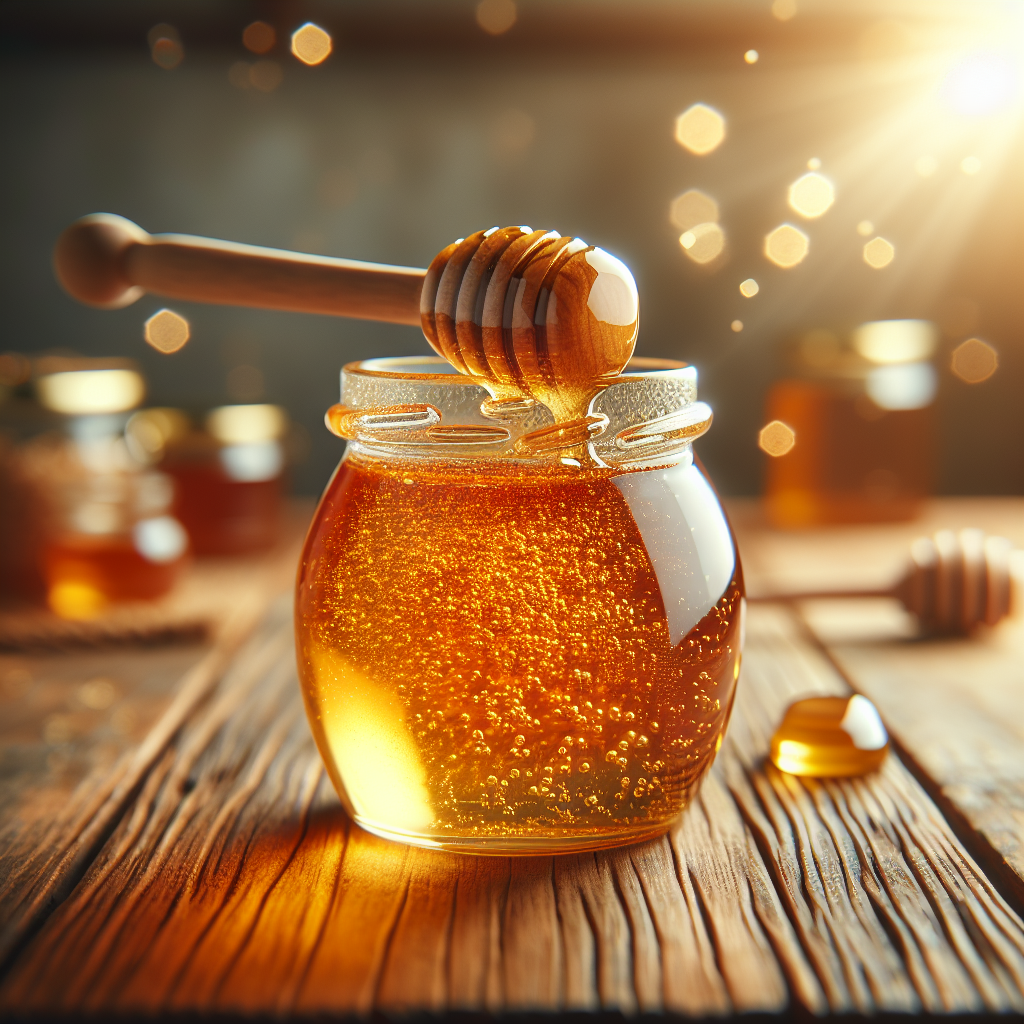 A beautiful, clear glass jar filled with golden honey, with a wooden honey dipper resting on the edge. The background is softly blurred to emphasize the jar and honey