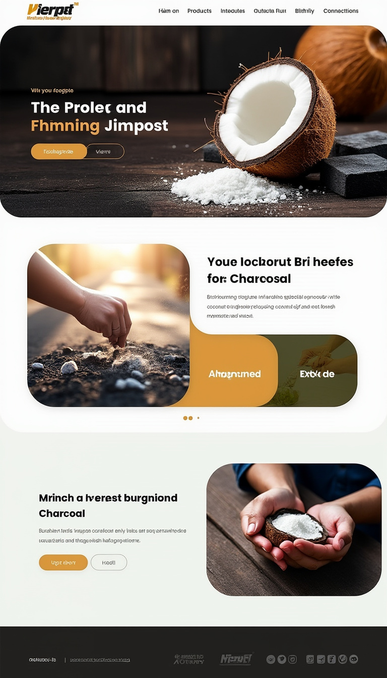 Design a simple one-page website for a factory specializing in manufacturing whitening agents for the coconut briquette charcoal industry. The layout should be clean and professional, highlighting the products and services offered.