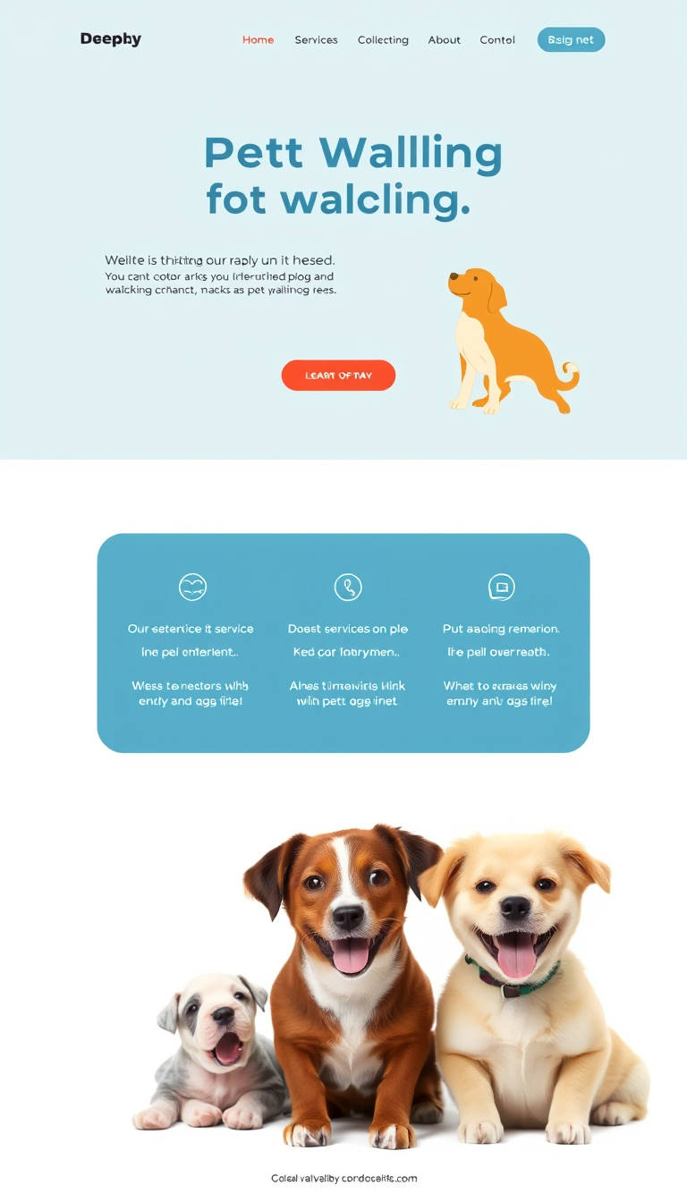 Design a simple, clean one-page website for a pet walking service, showcasing services offered, contact information, and a welcoming image of happy pets. Use a friendly color palette and easy-to-read fonts.